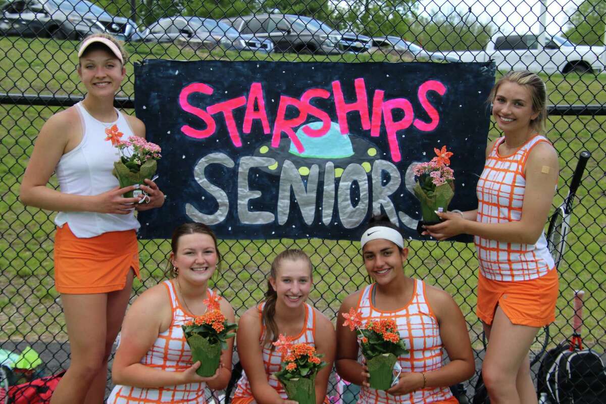 Nell Komorowski, Claire Foley, Carolyn Maher, Jessica Jayakar and Kassidy Wojtowicz were honored on Senior Day by Shelton tennis coach Michelle Sedlock and teammates.