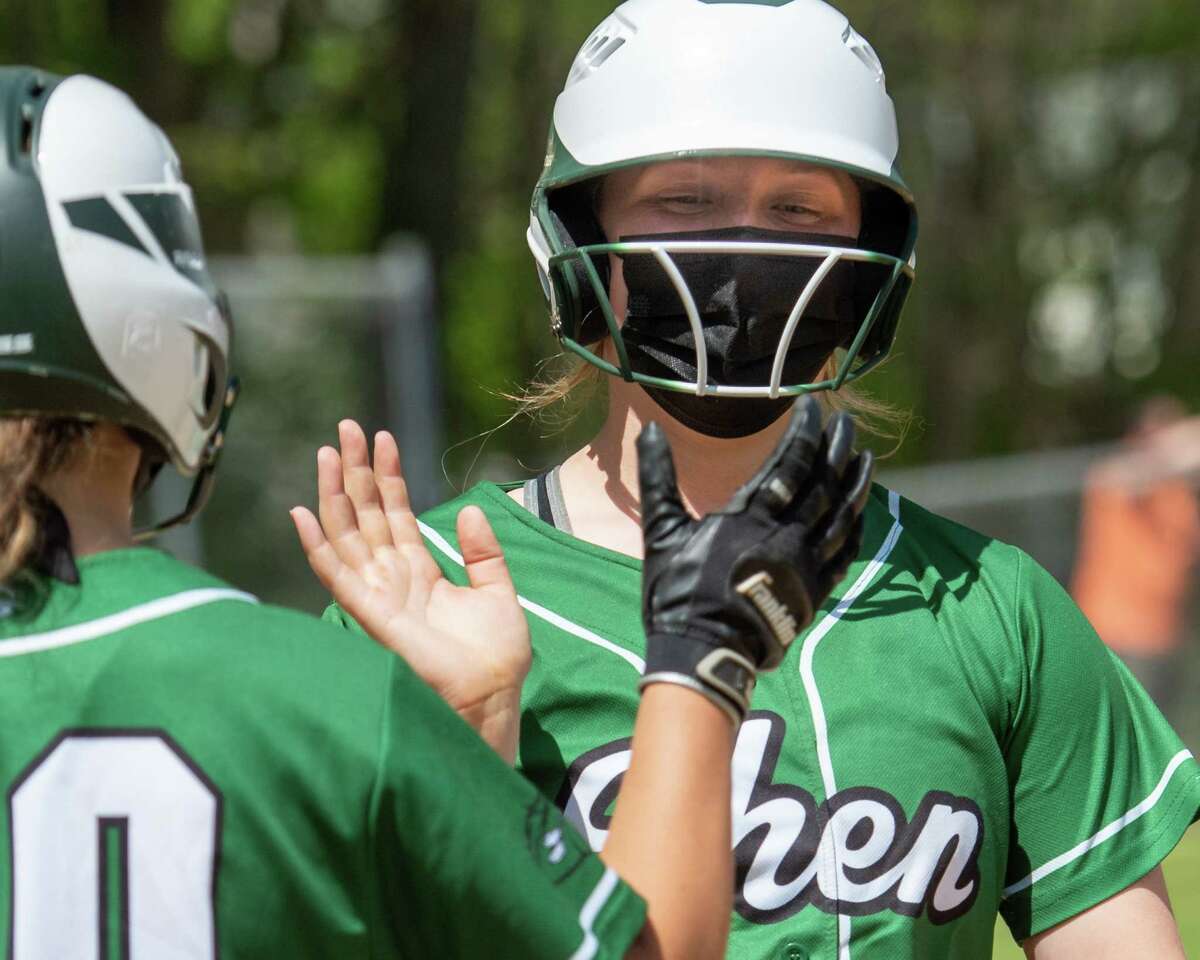 Shenendehowa outfielder Kelsey Higgins is congratulated after hitting a homerun against Colonie during a Suburban Council matchup at the Lisha Kill Sports Complex in Colonie, NY, on Saturday, May 15, 2021 (Jim Franco/Special to the Times Union)