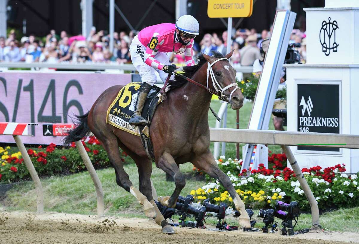 Rombauer with jockey Flavien Prat wins the 146th running of the Preakness Stakes at Pimlico Race Course Saturday May 15, 2021 in Baltimore, MD. Photo Special to the Times Union by Skip Dickstein