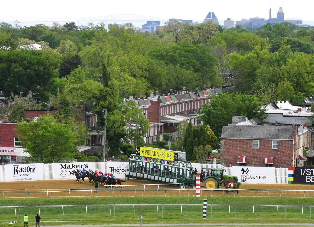 The horses break from the starting gate at the start of the 146th running of the Preakness Stakes at Pimlico Race Course on Saturday in Baltimore.