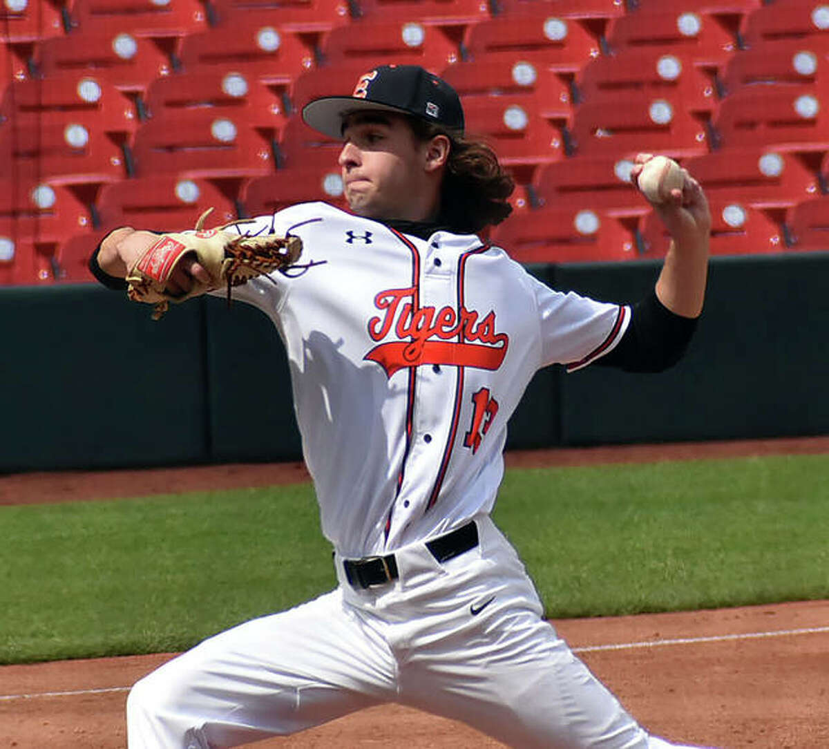 Edwardsville pitcher Conrad Heppler, shown throwing in a game at Busch Stadium in St. Louis earlier this season, picked up the win as the first of seven Tigers pitchers to throw Friday in a win over CM at the Bethalto Sports Complex.