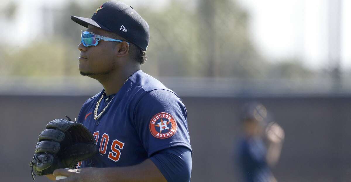 Houston Astros pitcher Framber Valdez (59) during spring training for Astros at the Ballpark of the Palm Beaches in West Palm Beach, Florida, Thursday, February 25, 2021.