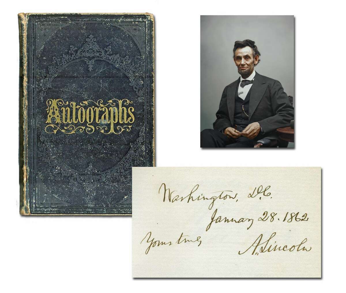 Victorian autograph album containing the signature of Abraham Lincoln and 226 members of his administration and Congress, including future President Andrew Johnson.