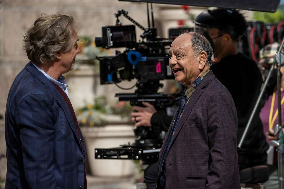 Actors Don Johnson, left and Cheech Marin are seen on set during the filming of the upcoming Nash Bridges television series in San Francisco, Calif., Sunday, May 16, 2021.