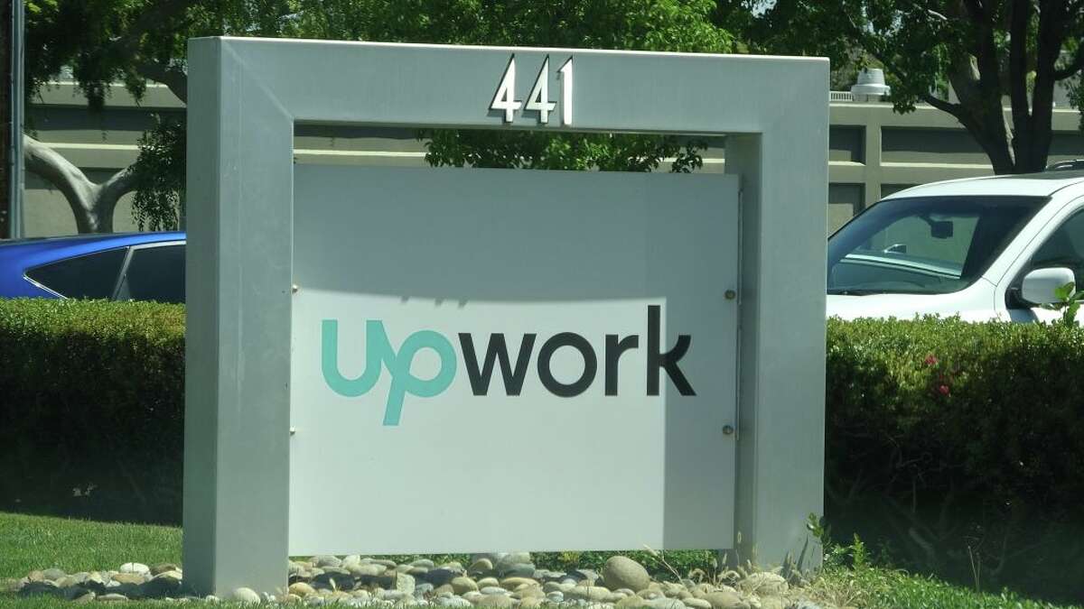 A close-up of the entrance to Upwork's former Silicon Valley headquarters.