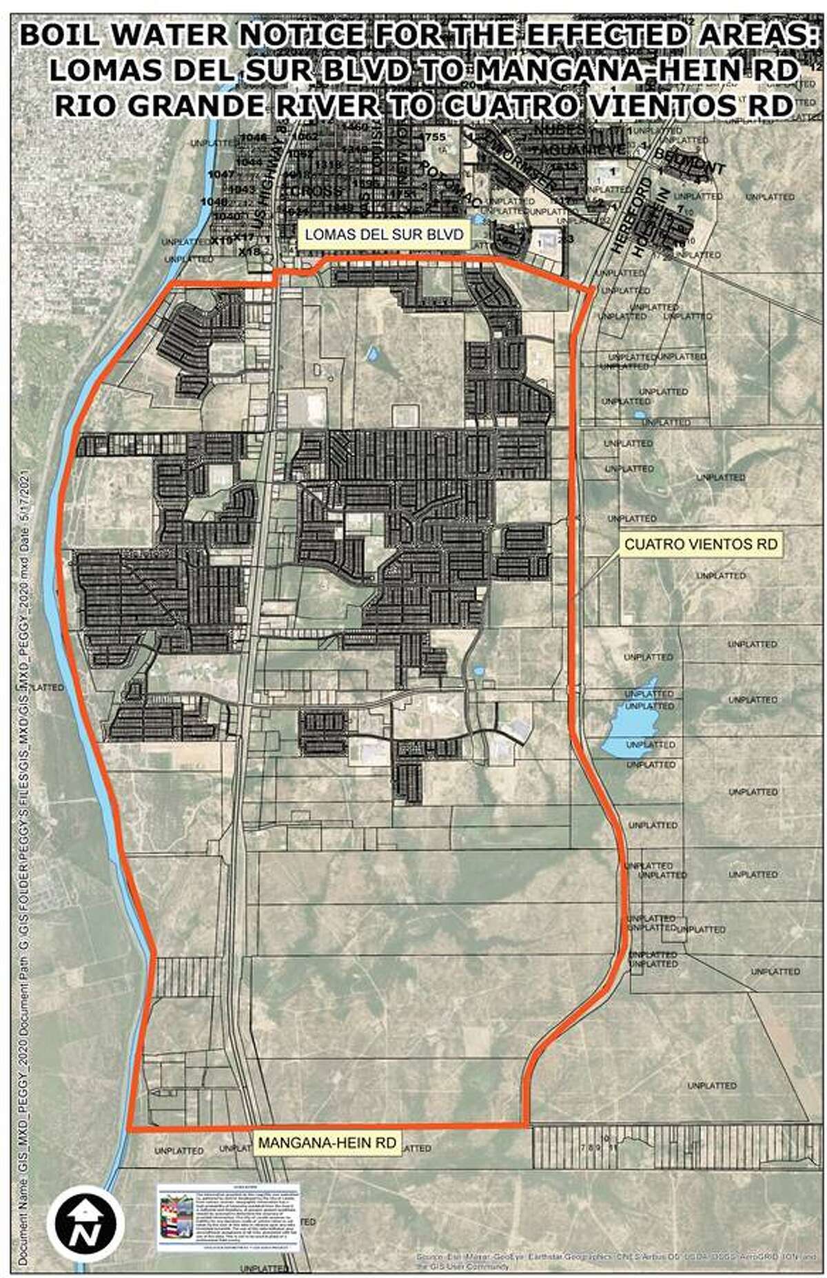 This map shows the area affected by the boil water notice issued by the City of Laredo. 