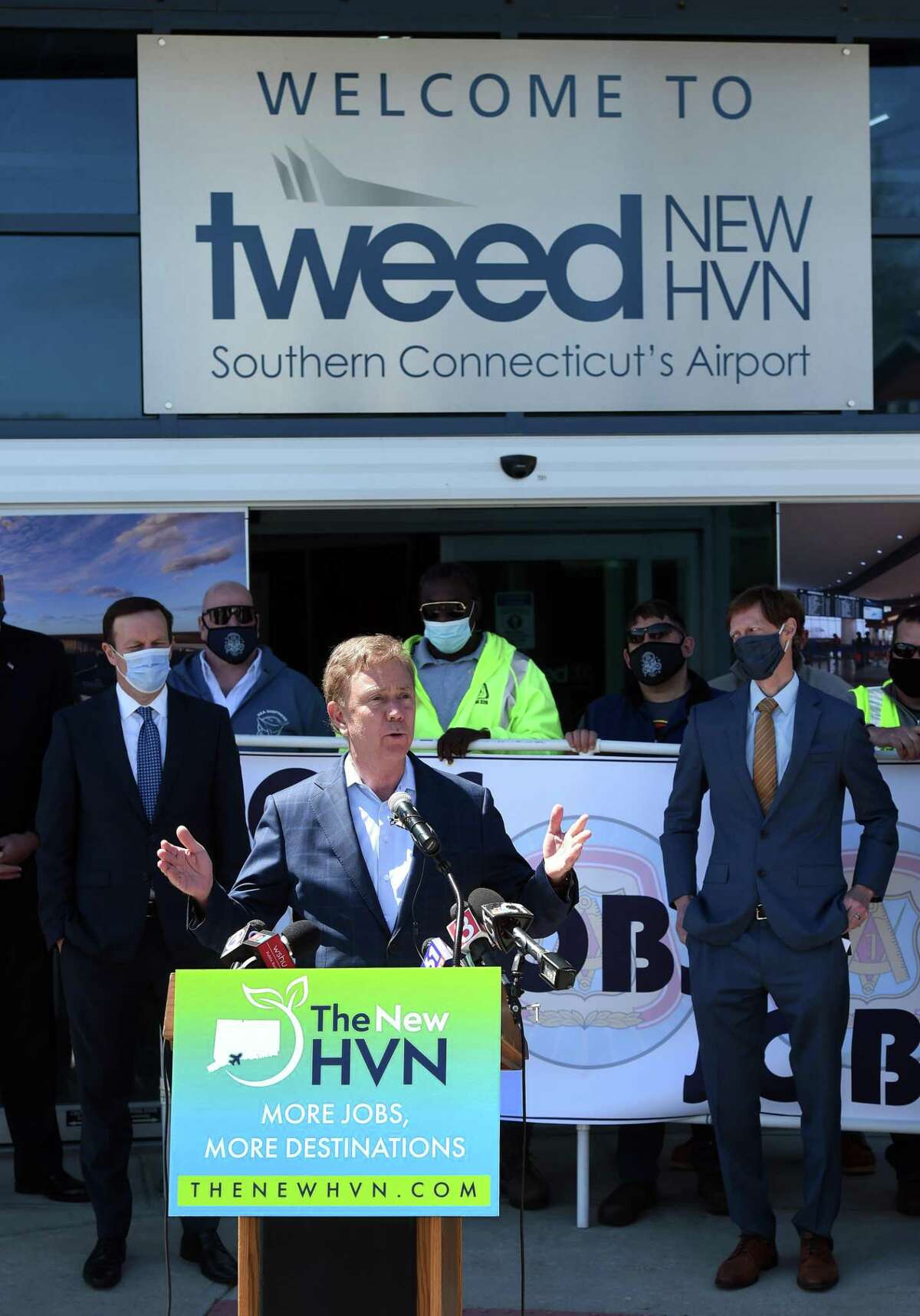 Governor Ned Lamont speaks at a press conference announcing major expansion plans at Tweed New Haven Regional Airport on May 6, 2021.
