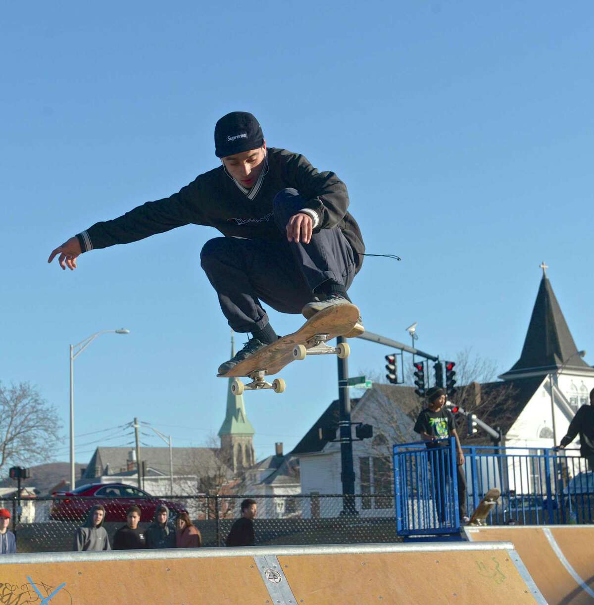 Shakiem Guyton, 17, of Danbury, catches some air at the Danbury Municipal Skateboard Park, on Wednesday, April 1, 2015, in Danbury, Conn.