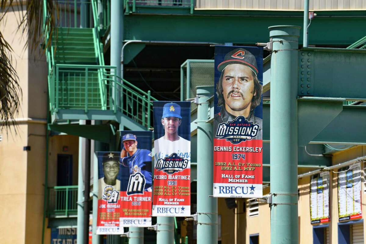 Banners at Wolff Stadium display the faces and deeds of former San Antonio Missions players who went on to great careers in Major League Basaball on Friday, May 7, 2021.