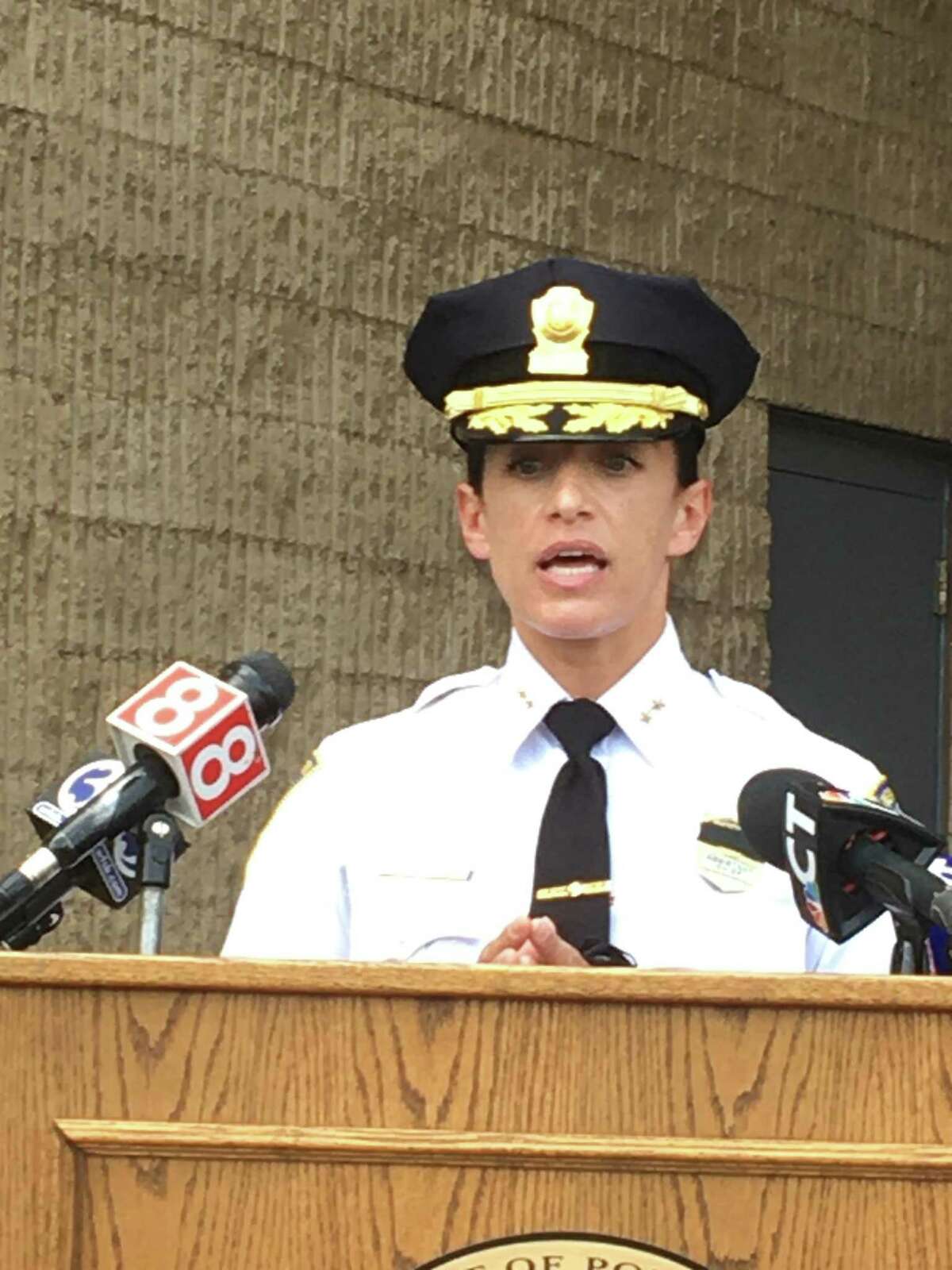 New Haven acting Chief of Police Renee Dominguez speaks about the early-morning shooting death of Jack Hopeton, 44, of Waterbury on Tuesday, May 18, 2021. The shooting death was New Haven's 11th homicide of 2021. Dominguez spoke at a press conference on the front steps of Police Headquarters, 1 Union Ave., joined by Mayor Justin Elicker and Assistant Chief Karl Jacobson.