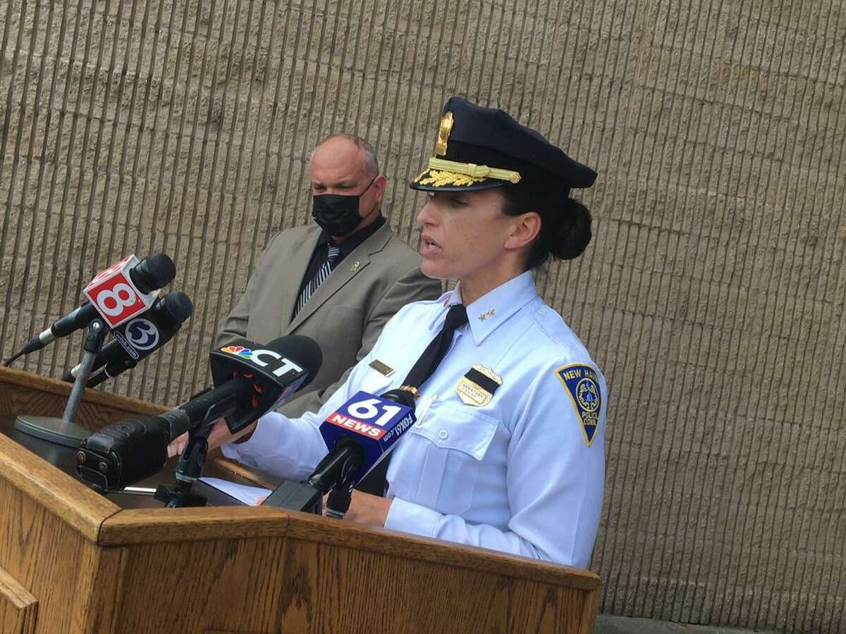 New Haven Acting Chief of Police Renee Dominguez speaks about the early-morning shooting death of Jack Hopeton, 44, of Waterbury on Tuesday, May 18, 2021.