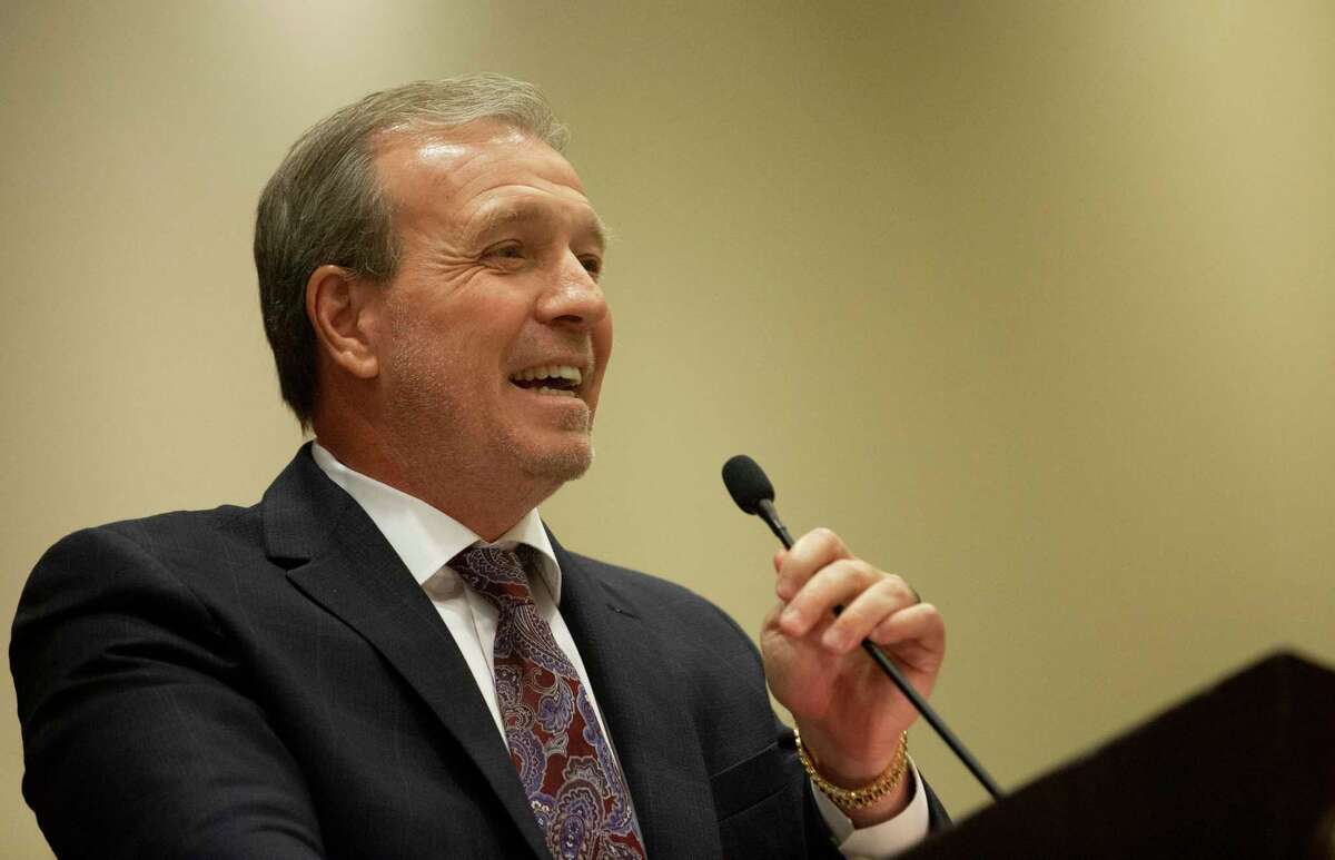 Texas A&M football coach Jimbo Fisher speaks at a May 5 Houston Touchdown Club luncheon.