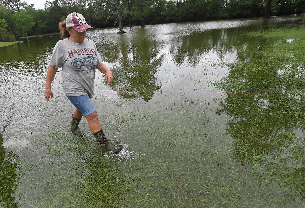 Julie Meadows walks through her flooded yard at her home on Boyt Road in Fannett Tuesday. The area received over a foot of rainfall Monday, flooding area bayous and several yards and homes. This is the third time Meadows' home has flooded, and she believes a drainage ditch at the back of her property, which is overgrown and has been neglected for years, is largely to blame. Photo made Tuesday, May 18, 2021 Kim Brent/The Enterprise