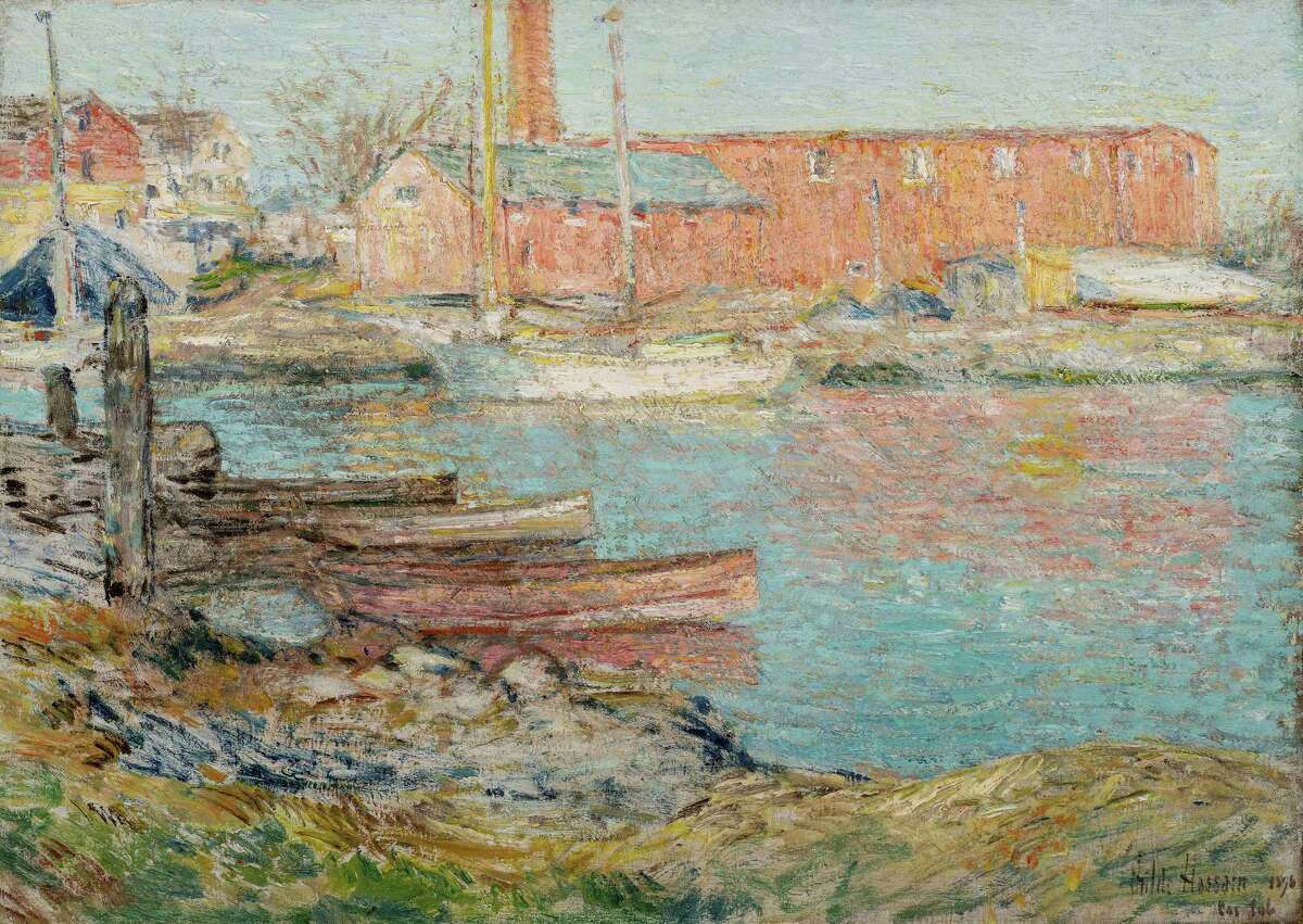 Childe Hassam, “The Red Mill, Cos Cob,” 1896. Oil on canvas. Greenwich Historical Society, Museum Purchase with funds from Susan and Jim Larkin, Sally and Larry Lawrence, Mr. and Mrs. Peter L. Malkin, Debbie and Russ Reynolds, Reba and Dave Williams, and Lily Downing and David Yudain.