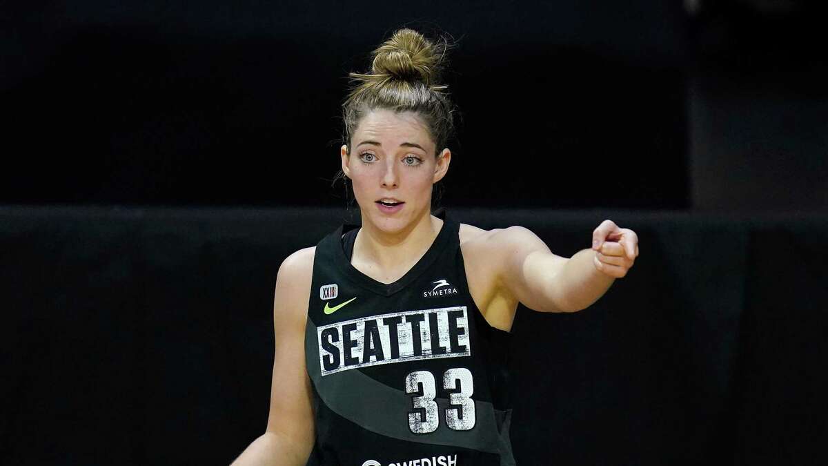 Seattle Storm's Katie Lou Samuelson in action against the Las Vegas Aces during a WNBA basketball game Saturday, May 15, 2021, in Everett, Wash. (AP Photo/Elaine Thompson)