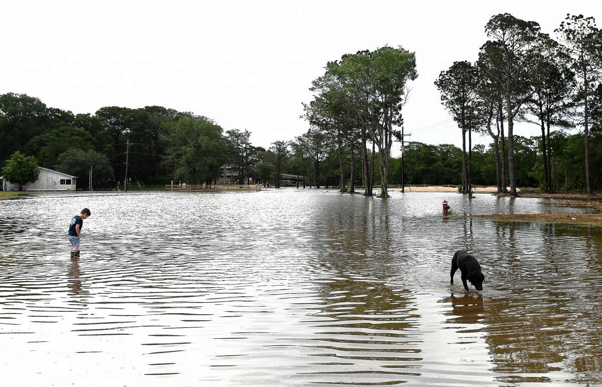 Jason Johnson and a neighborhood dog play in spillover flooding from Taylor's Bayou on LaBelle Road as he and his grandfather Thomas Robin assess the conditions in Fannett Tuesday. The area received over a foot of rainfall Monday, flooding area bayous and several yards and homes. Photo made Tuesday, May 18, 2021 Kim Brent/The Enterprise