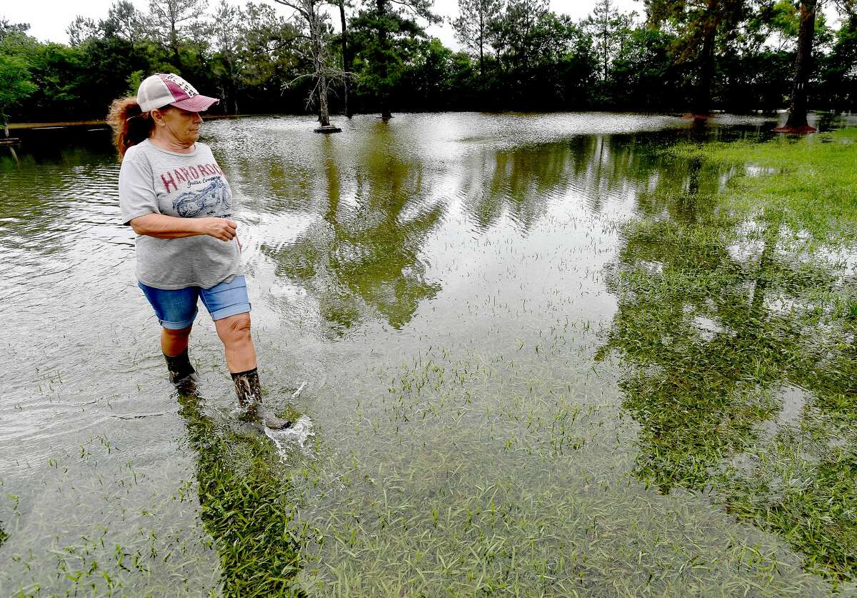 Julie Meadows walks through the flooded yard of her home on West Clubb Road in Fannett Tuesday. The area received over a foot of rainfall Monday, flooding area bayous and several yards and homes. This is the third time Meadows' home has flooded, and she believes a drainage ditch at the back of her property, which is overgrown and has been neglected for years, is largely to blame. Photo made Tuesday, May 18, 2021 Kim Brent/The Enterprise