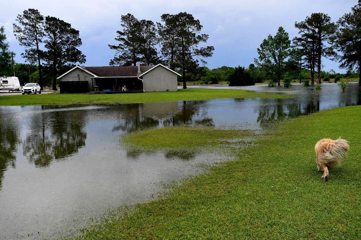 Julie Meadows' property in Fannett remains flooded Tuesday as the water slowly recedes. The area received over a foot of rainfall Monday, flooding area bayous and several yards and homes. Photo made Tuesday, May 18, 2021 Kim Brent/The Enterprise