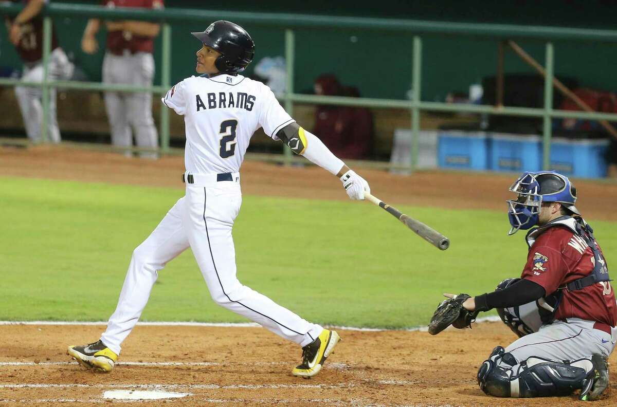 The Missions’ CJ Abrams tracks his shot toward left field in the season home opener against the Frisco RoughRiders at Wolff Stadium on Tuesday, May 18, 2021.