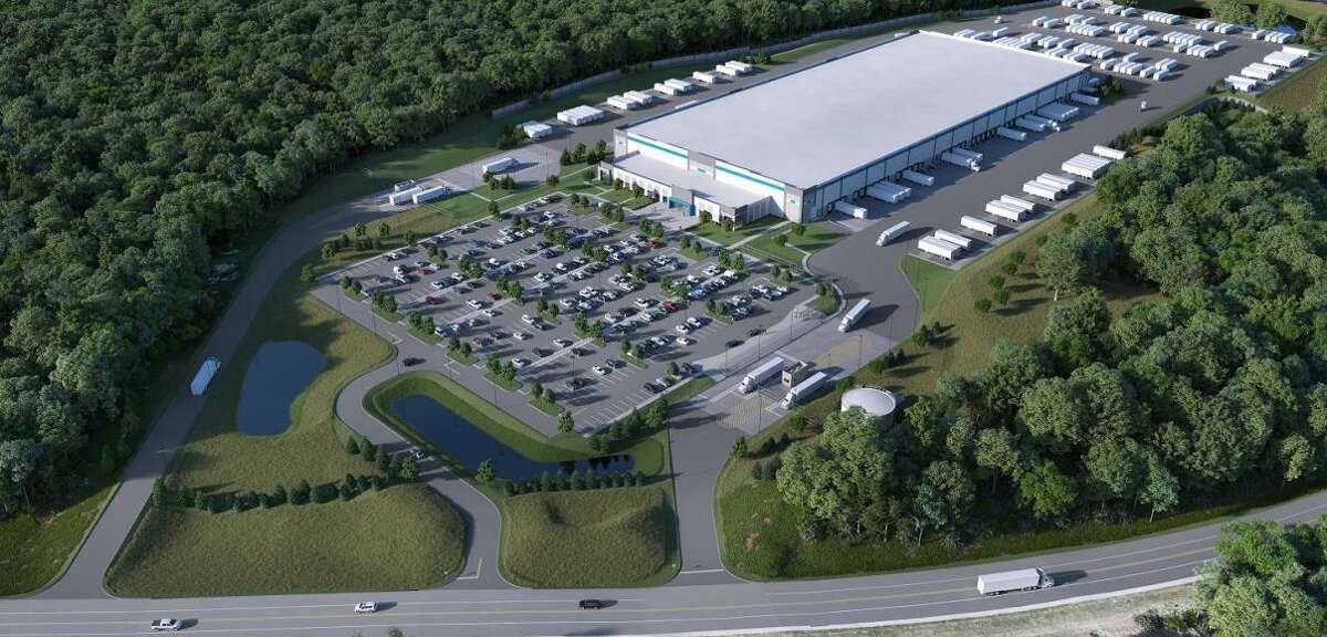 A rendering of the proposed warehouse and truck terminal that Amazon wants built on Route 150 in the town of Schodack. The facility would be located near Amazon's original distribution facility that opened in 2020.