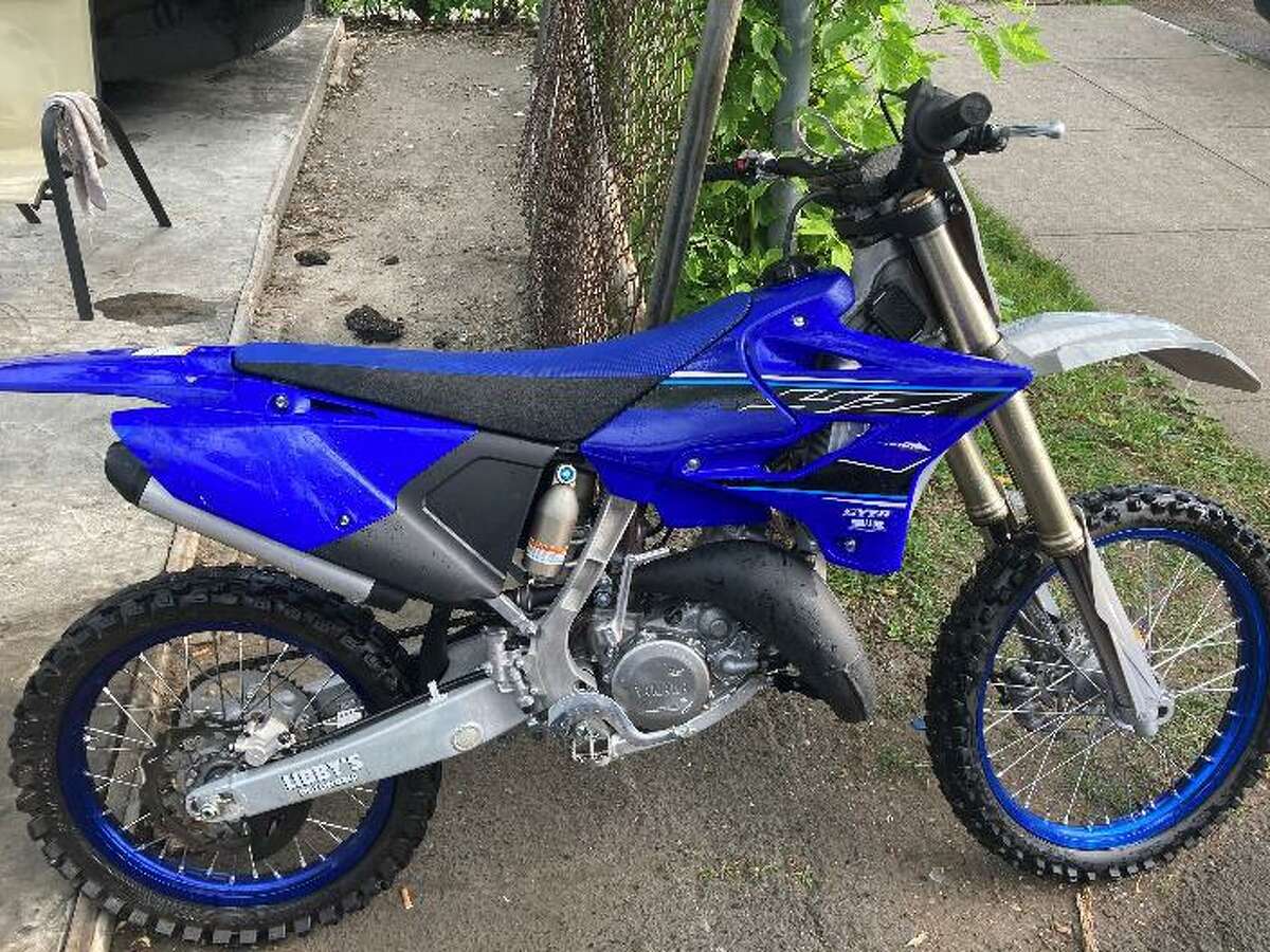 A dirt bike seized from Hamilton Street in Bridgeport, Conn., on Monday, May 17, 2021.