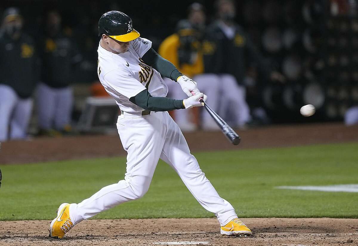 Matt Chapman of the Oakland Athletics bats against the San