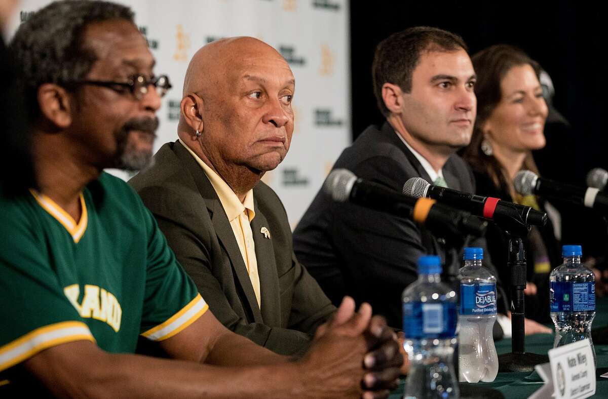 (From left) Alameda County District 4 Supervisor Nate Miley, President of the Board of Port Commissioners Ces Butner, A's President Dave Kaval and Oakland Mayor Libby Schaaf answer questions during a press conference held at the A's corporate offices in Oakland, Calif. Wednesday, Nov. 28, 2018 announcing early plans to build a new ballpark at Howard Terminal.
