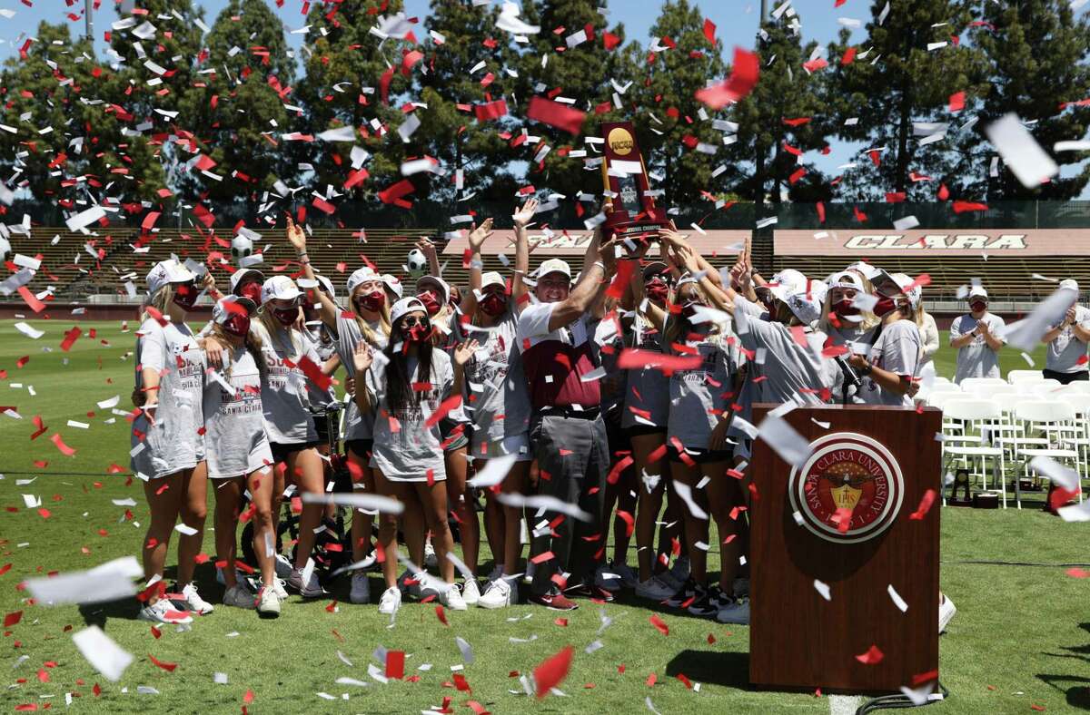 Santa Clara celebrates winning the NCAA title at Stevens Stadium on May 17. They have the chance to win a second this weekend at the same 7,000-seat venue on Santa Clara’s campus.