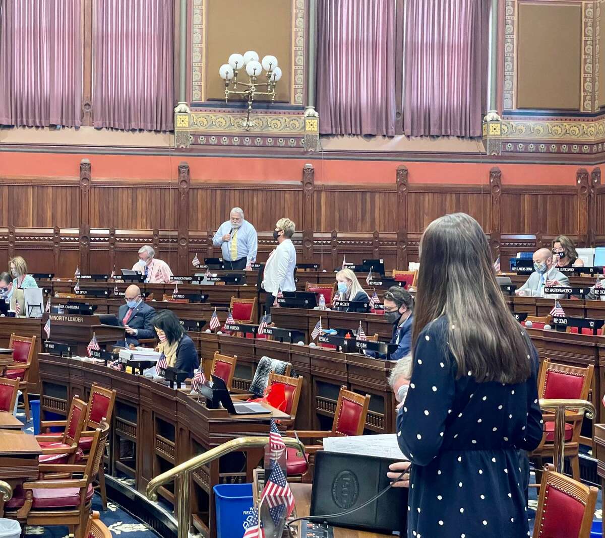 Rep. Jillian Gilchrest, D-West Hartford, defending the pregnancy crisis center bill in an exchange with Rep. Charles Ferraro, R-West Haven, on Wednesday.