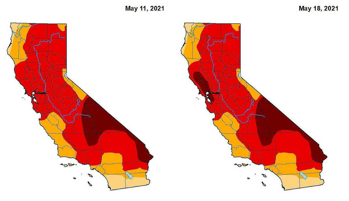 U.S. Drought Monitor maps for California, May 11 and May 18, 2021.