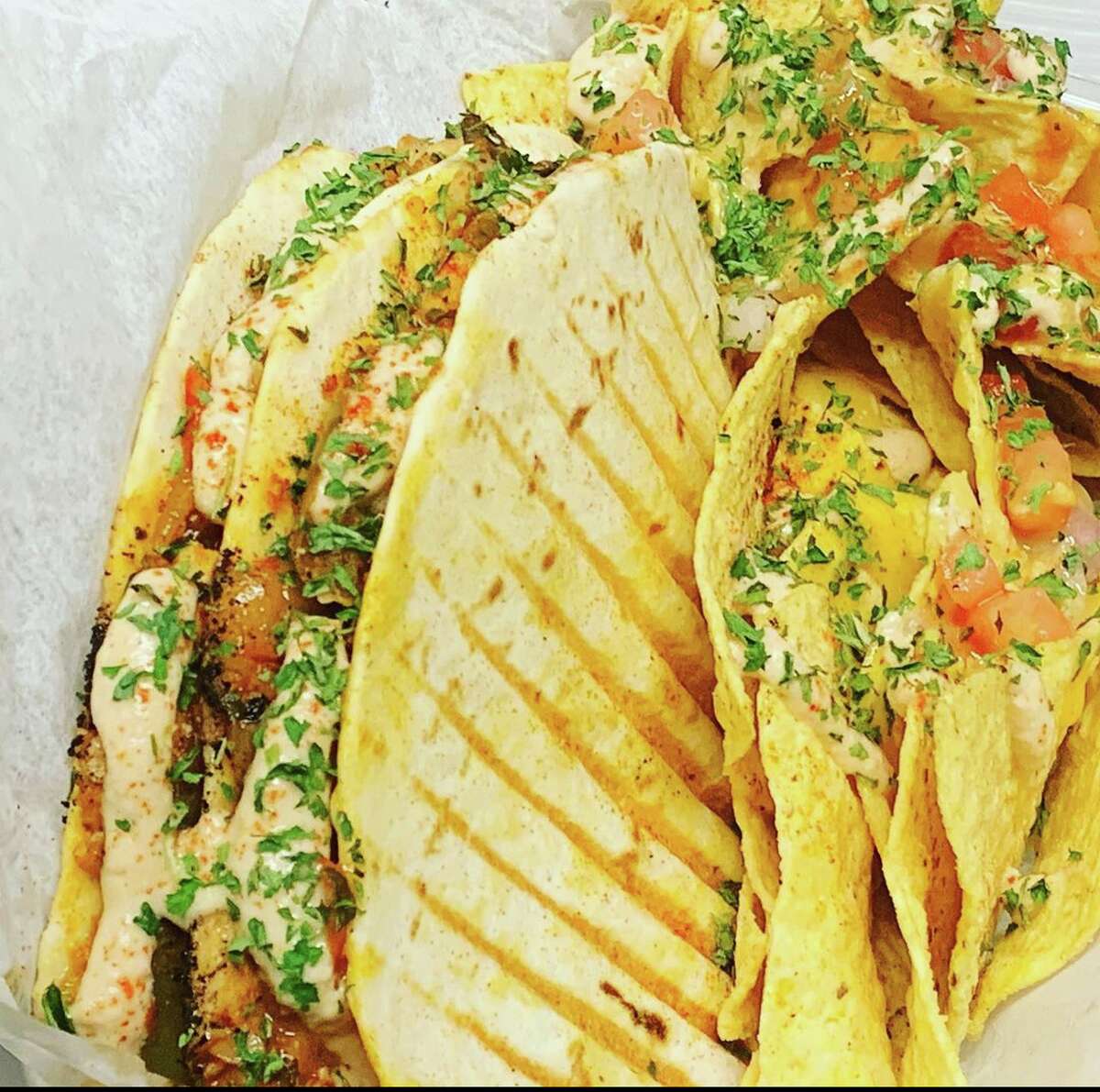 The soul taco and nacho basket at Soul Food Vegan.