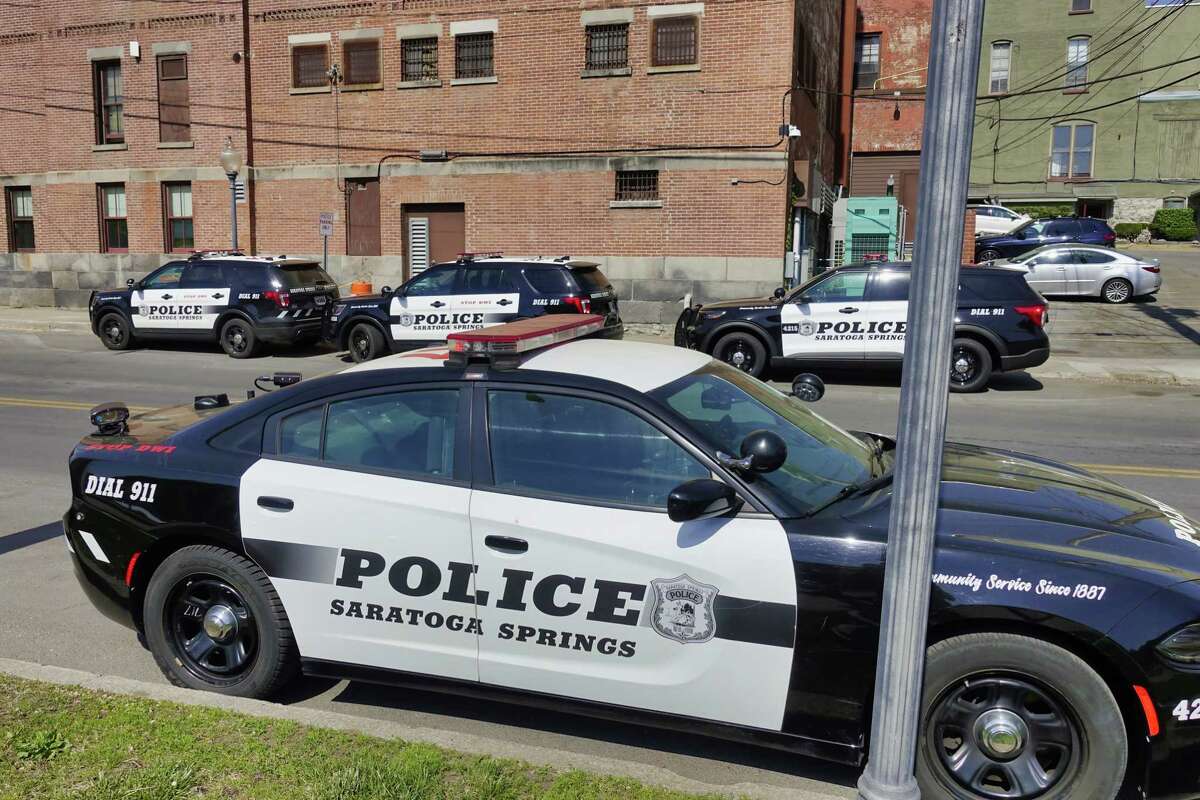 A view of Saratoga Springs Police vehicles parked outside the police station on Thursday, May 20, 2021, in Saratoga Springs, N.Y. (Paul Buckowski/Times Union)