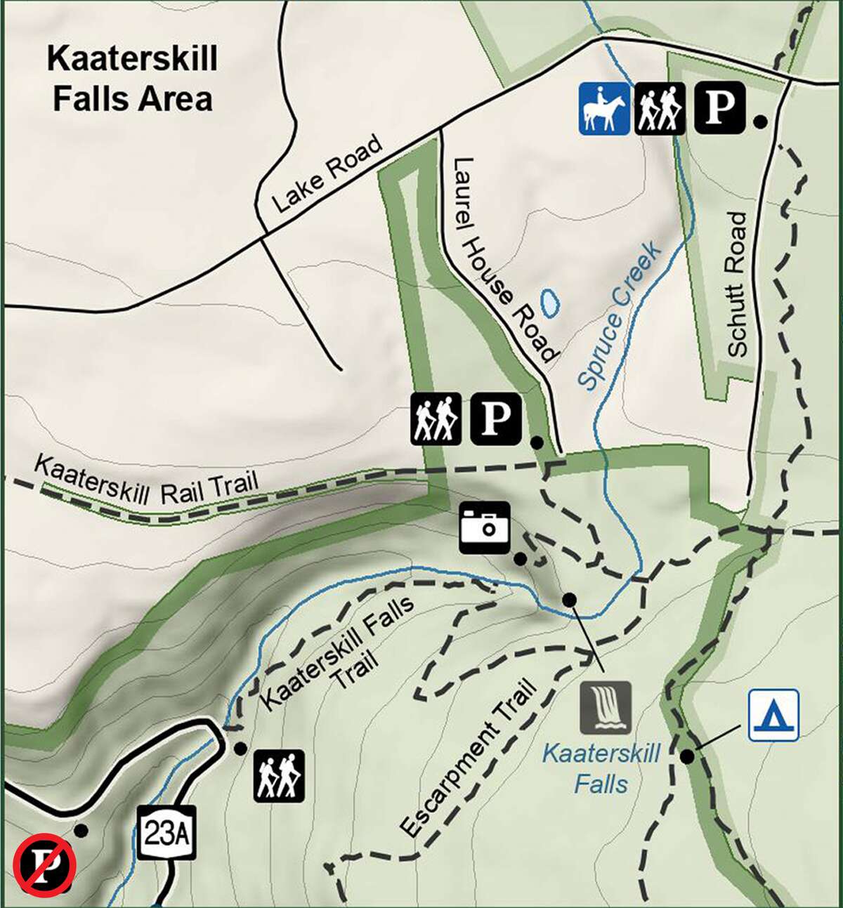 Two parking lots offer trail access Kaaterskill Falls, as well as the North-South Lake Campground. The Molly Smith parking lot (marked in red) is now closed. A pull-off near the trailhead on 23A accommodates a few cars but any illegally parked cars along 23A will be ticketed and towed.