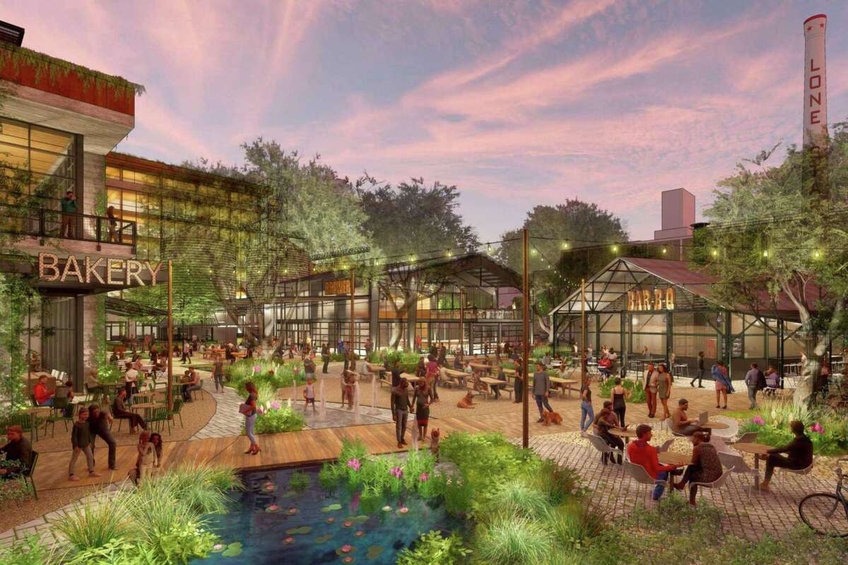 A rendering of the Lone Star District, a mixed-use development planned at the former Lone Star Brewery site. It was set to be the next Pearl. That was before it was placed back on the market.