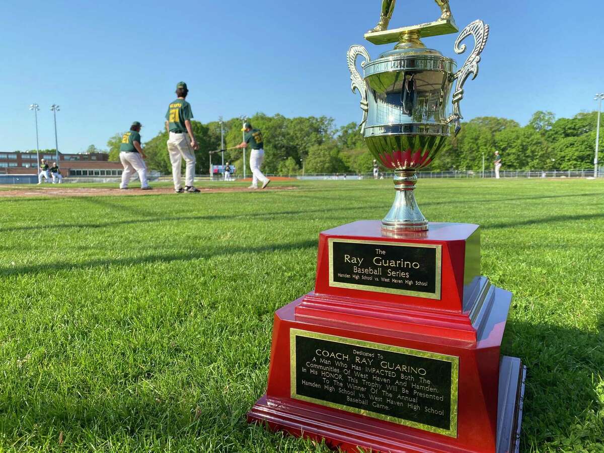 The Ray Guarino trophy on the Piurek Field before the Hamden and West Haven baseball teams played at Piurek Field, West Haven on Thursday, May 20, 2021.