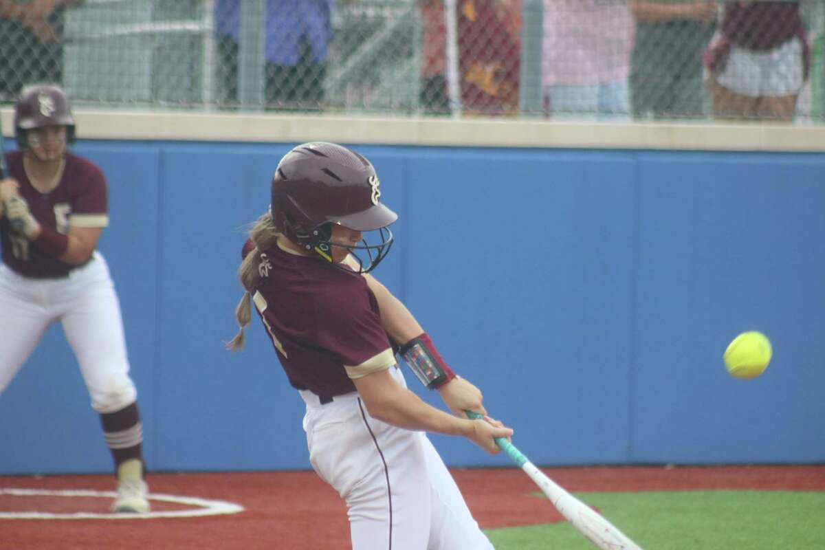 Haidyn Hardcastle connects for her run-scoring sacrifice fly during the team's seven-run second inning Thursday night. Hardcastle finished the game with a game-high five RBIs, which is also a state playoff best.