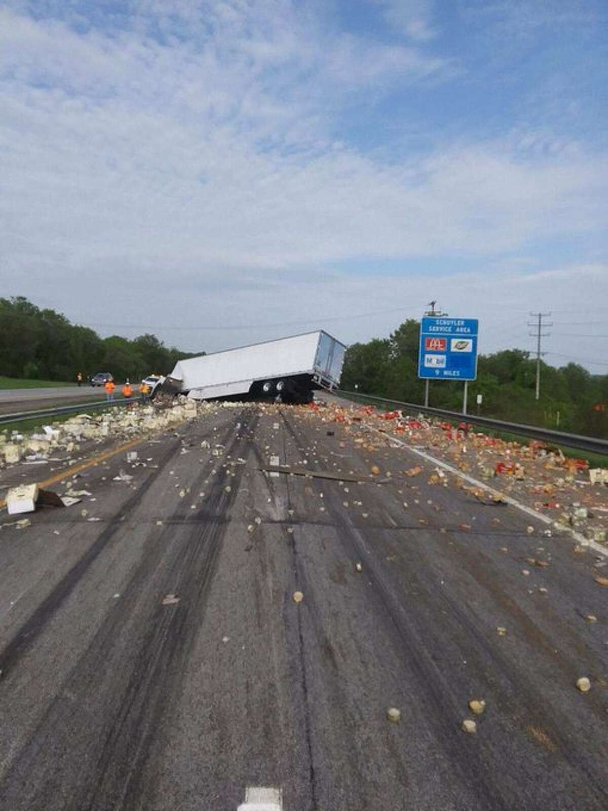 The westbound side of the Thruway is closed in German Flatts and traffic is being diverted off the highway at Exit 29A in Little Falls after a tractor trailer crashed across highway lands and spilled its cargo, State Police said.