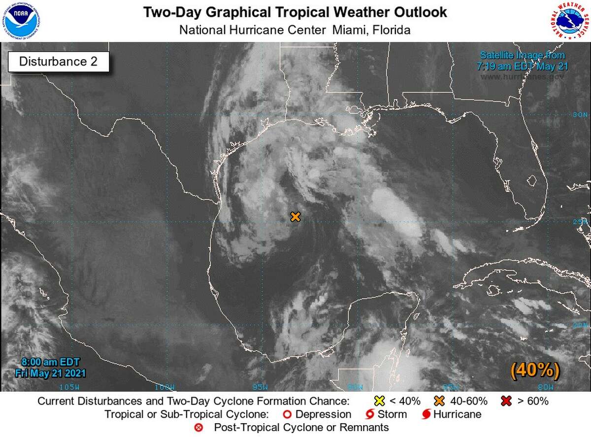 A disturbance, marked by the 'X,' is being monitored in the Gulf of Mexico. This disturbance could become a tropical depression or tropical storm before moving inland. Even if it doesn't develop, the system could produce heavy rainfall over portions of southeastern Texas and southwestern Louisiana during the next few days.