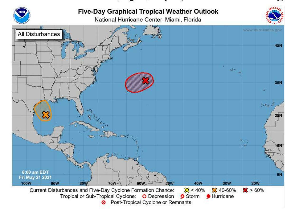 A tropical development in the western Gulf of Mexico is expected to make landfall over Southeast Texas and has a 40% chance of development on Friday, May 21, 2021.