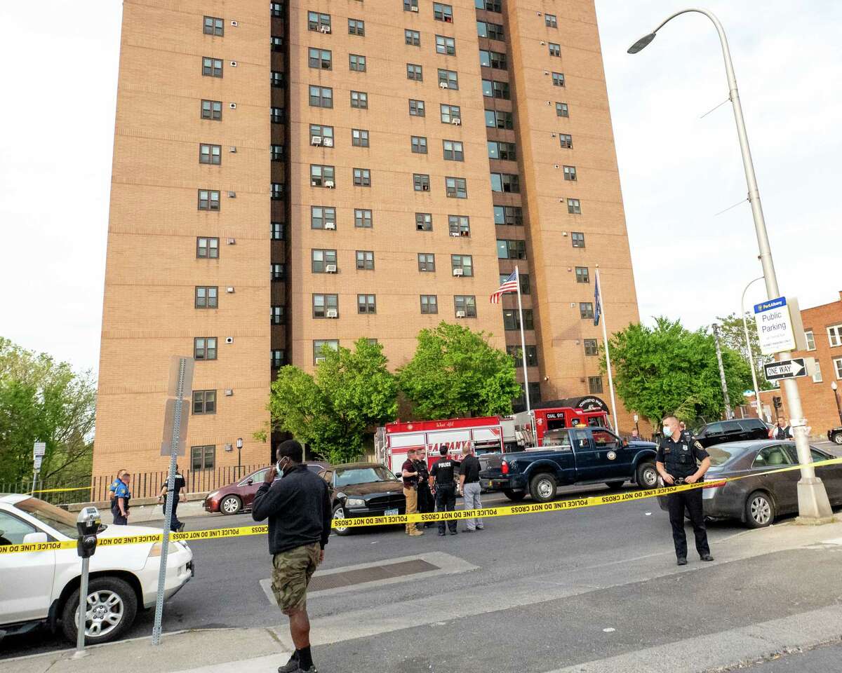 A man was found shot outside the Townsend Park Apartments on Central Avenue near Henry Johnson Boulevard on Friday, May 21, 2021 (Jim Franco/Special to the Times Union)