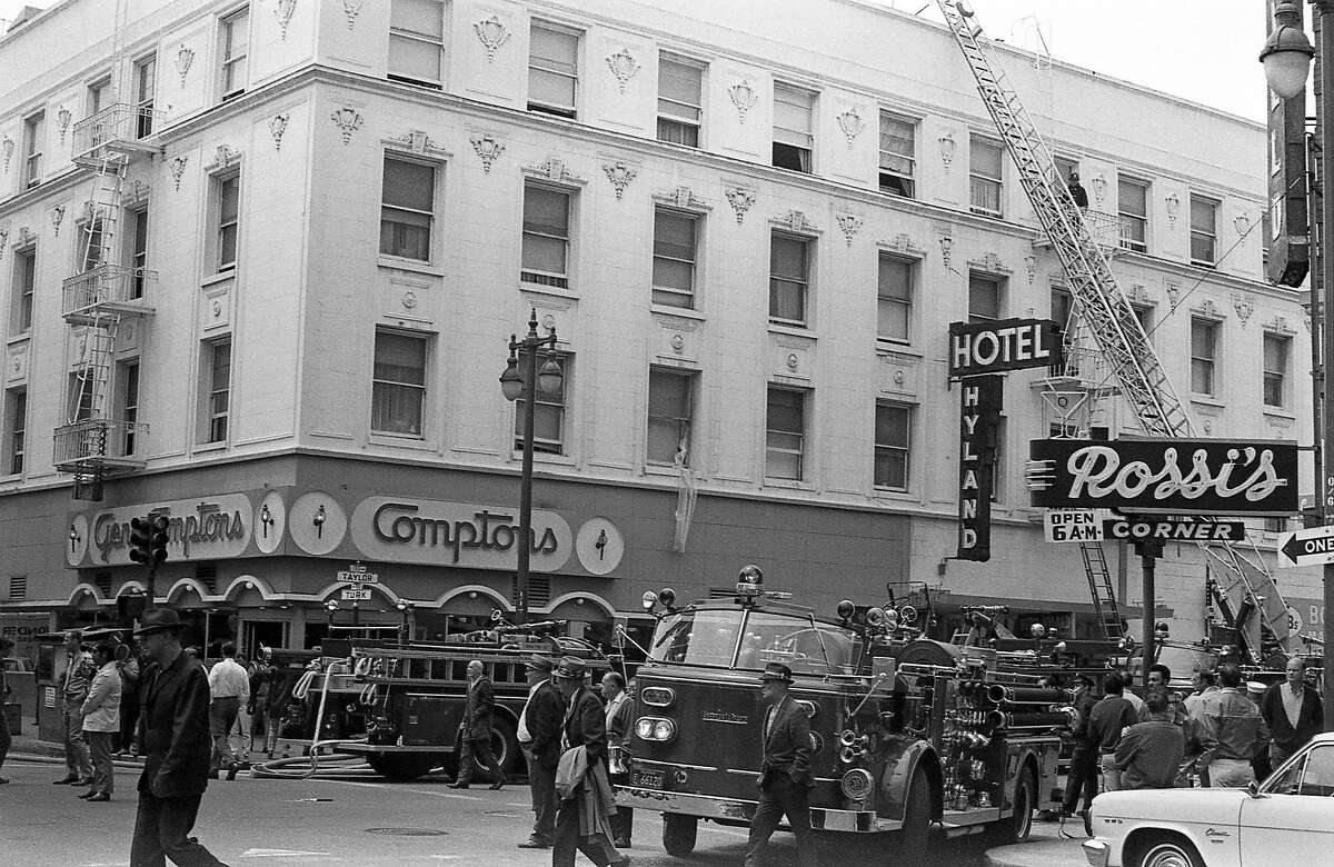 Firefighters respond to a fire at the Hyland Hotel in 1970. To the left is Compton’s Cafeteria, the site of a historic queer riot in 1966. There are few known images that show the exterior of the diner, signage included.