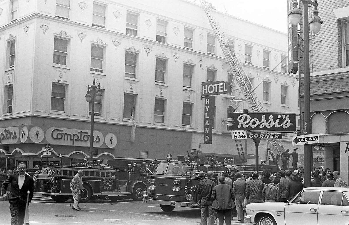 Firefighters respond to a fire at the Hyland Hotel in 1970. To the left is Compton’s Cafeteria, the site of a historic queer riot in 1966. There are few known images that show the exterior of the diner, signage included.