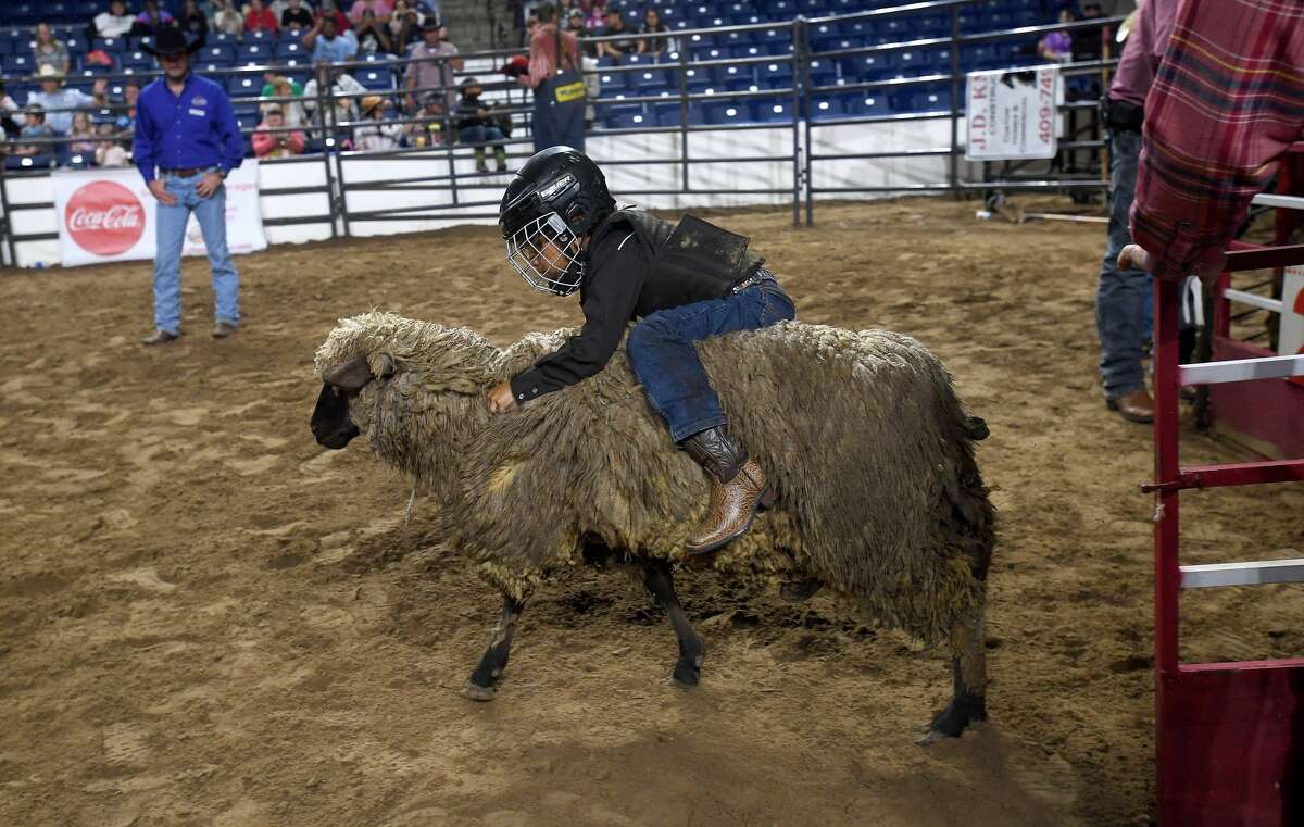 Children compete in the Mutton Bustin' competition during the 75th annual rodeo on its opening night at the YMBL South Texas State Fair Friday. Photo made Friday, May 21, 2021 Kim Brent/The Enterprise