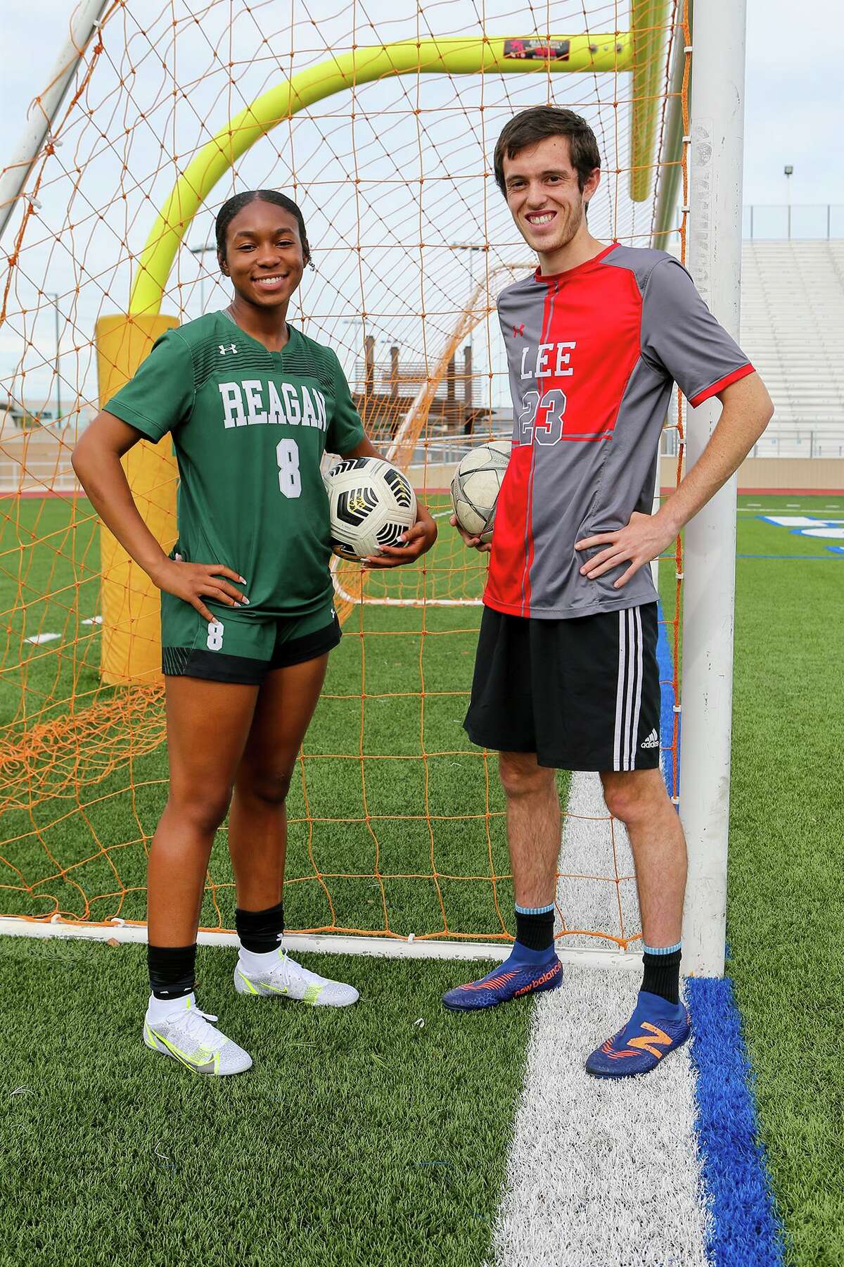 The Express-News' Girls Player of the Year, Reagan's Taylor Jernigan, and Boys Player of the year, LEE's Henry Bowland, at Comalander Stadium on Wednesday, May 19, 2021.