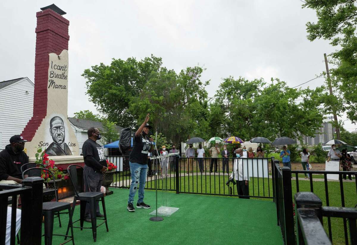 LaTonya Floyd — sister of George Floyd — talks to a crowd of people attending the dedication George Floyd Park at Alabama and Napoleon streets on Sunday, May 23, 2021, in Houston. George Floyd was killed by Minneapolis Police officer Derek Chauvin on May 25, 2020.