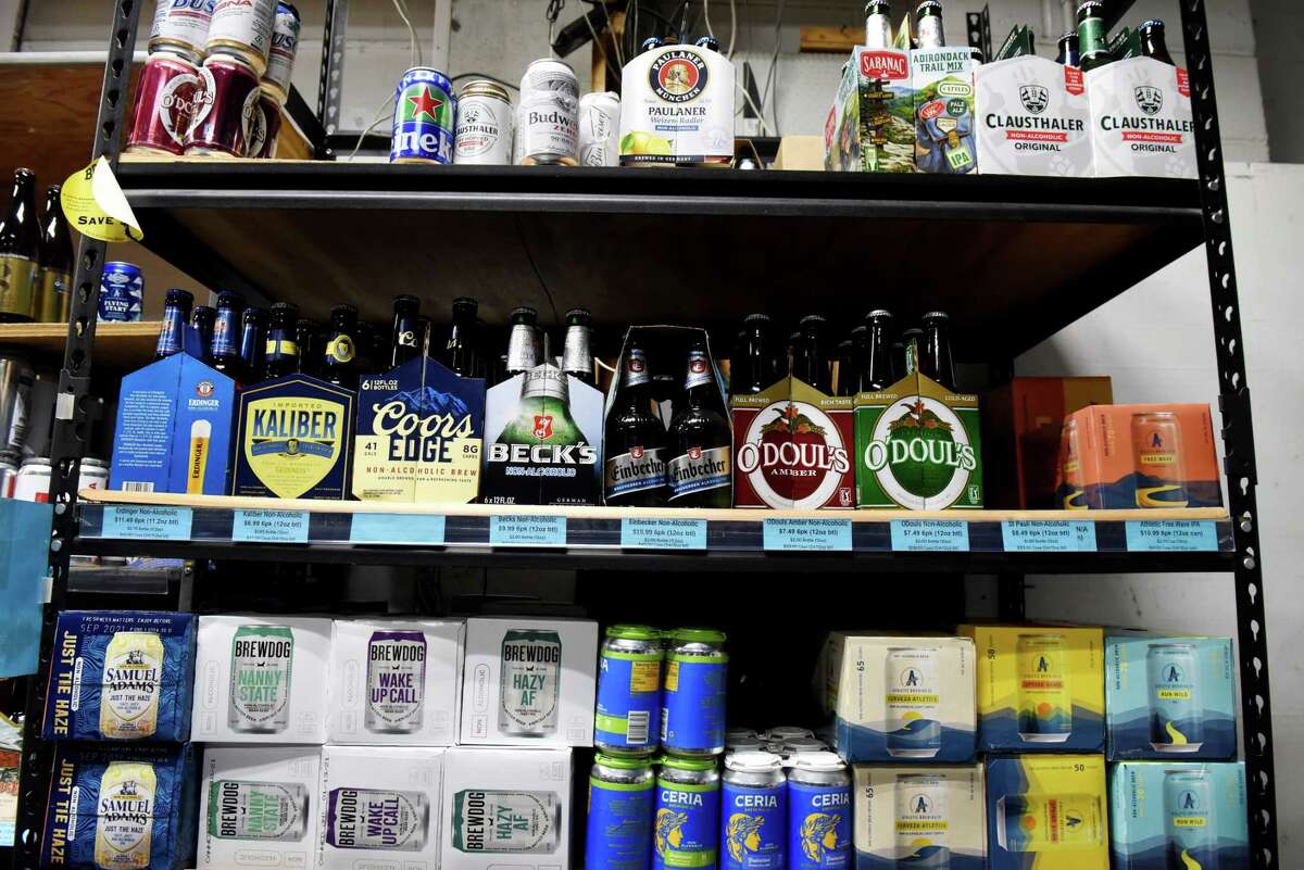 Non-alcoholic beer offerings are displayed at Brew Crew/Oliver's Beverages in Albany. The choices of NA beer have increased as the product has become more popular. (Will Waldron/Times Union)