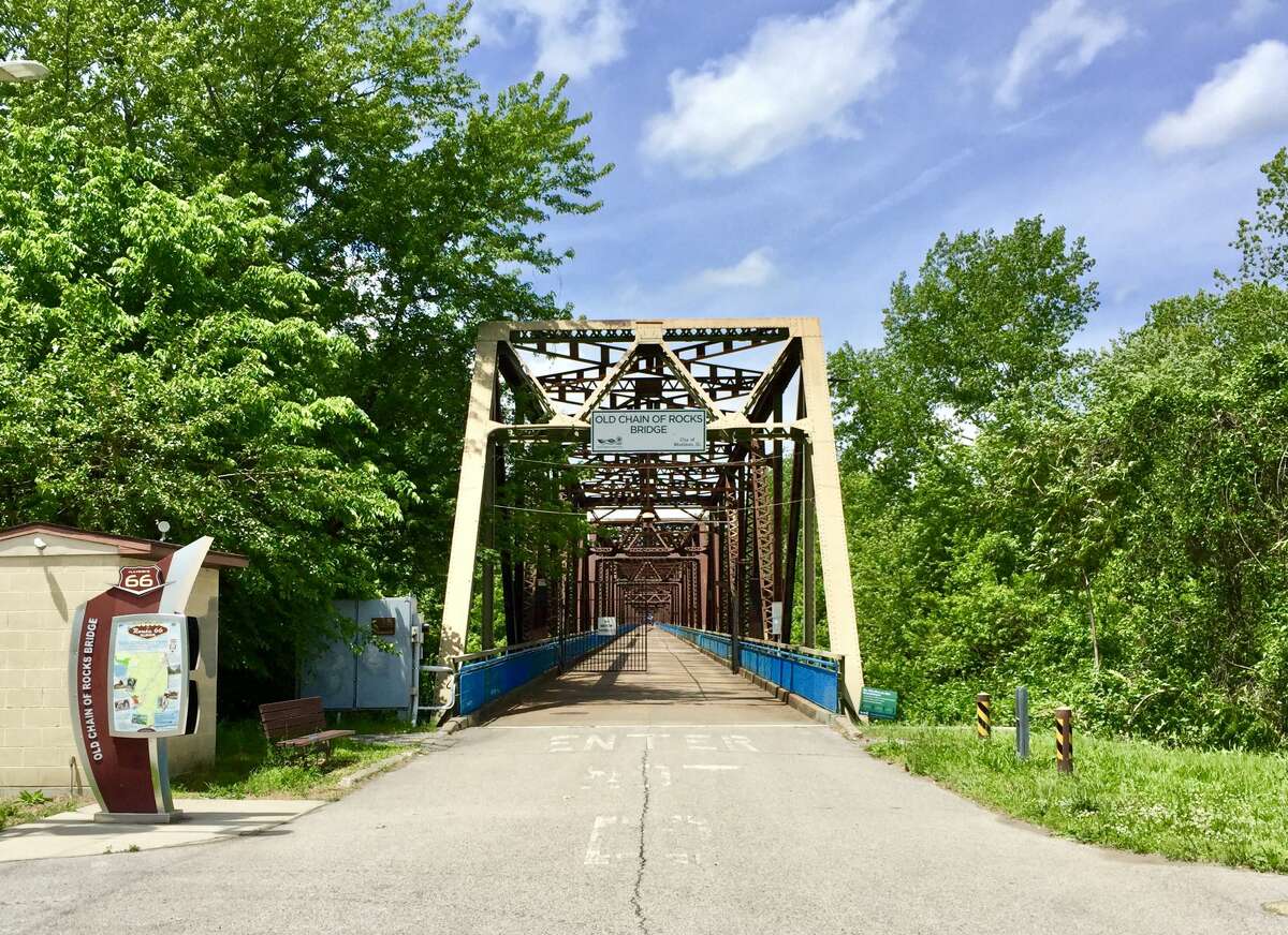 The entrance to the Old Chain of Rocks Bridge on the Illinois side of the river. Years ago drivers traveling on historic Route 66 would ride this thoroughfare. 