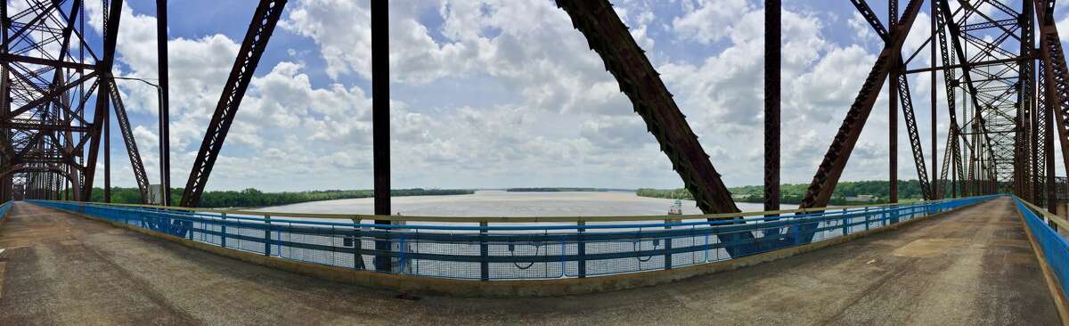 A panoramic view from the center of the Old Chain of Rocks Bridge. To the west is Missouri, to the east is Illinois. And down stream on a clear day, you can see the Gateway Arch and the St. Louis skyline.