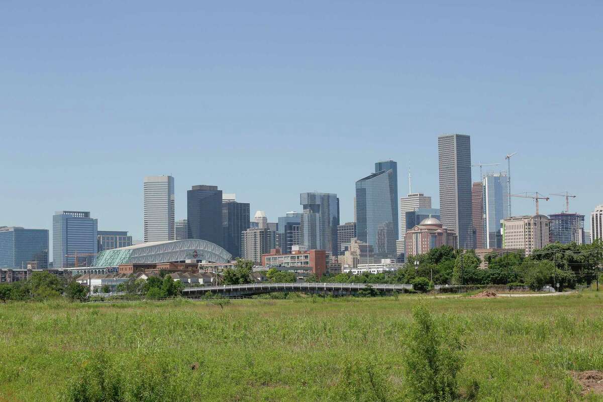 The view of downtown from the East River project Thursday, May 6, 2021, in Houston. The development team from Midway are developing the East River, a generational mixed-use project on 150 acres at the old KBR site along Buffalo Bayou just northeast of downtown. They're expected to break ground this summer.