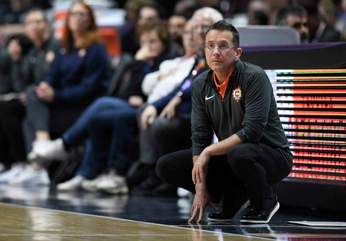 Sun coach Curt Millers apologized on Monday for comments he made to a referee about Las Vegas' Liz Cambage. Connecticut Sun head coach Curt Miller during the first half of a preseason WNBA basketball game, Tuesday, May 14, 2019, in Uncasville, Conn. (AP Photo/Jessica Hill)